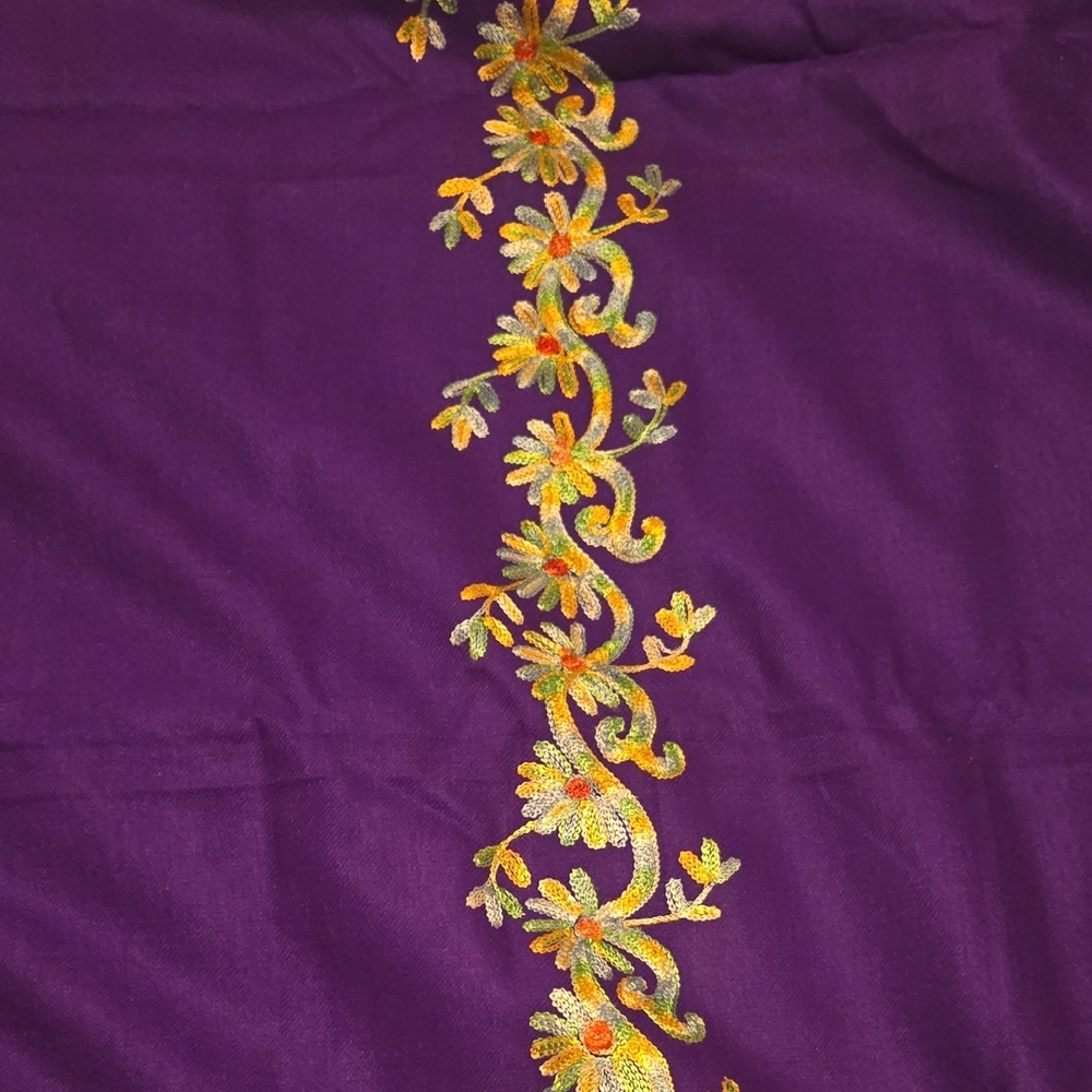 Purple Australian Wool Shawl with Floral Embroidery